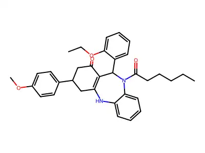 11-(2-ethoxyphenyl)-10-hexanoyl-3-(4-methoxyphenyl)-2,3,4,5,10,11-hexahydro-1H-dibenzo[b,e][1,4]diazepin-1-one structure