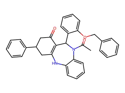 10-acetyl-11-[2-(benzyloxy)phenyl]-3-phenyl-2,3,4,5,10,11-hexahydro-1H-dibenzo[b,e][1,4]diazepin-1-one structure