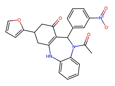 10-acetyl-3-(2-furyl)-11-{3-nitrophenyl}-2,3,4,5,10,11-hexahydro-1H-dibenzo[b,e][1,4]diazepin-1-one structure
