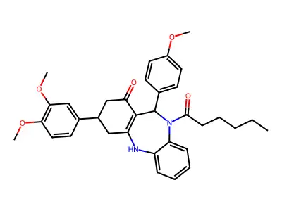 3-(3,4-dimethoxyphenyl)-10-hexanoyl-11-(4-methoxyphenyl)-2,3,4,5,10,11-hexahydro-1H-dibenzo[b,e][1,4]diazepin-1-one structure