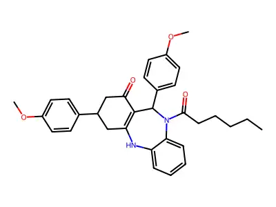 10-hexanoyl-3,11-bis(4-methoxyphenyl)-2,3,4,5,10,11-hexahydro-1H-dibenzo[b,e][1,4]diazepin-1-one structure