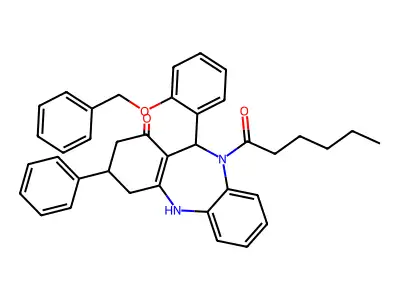 11-[2-(benzyloxy)phenyl]-10-hexanoyl-3-phenyl-2,3,4,5,10,11-hexahydro-1H-dibenzo[b,e][1,4]diazepin-1-one structure