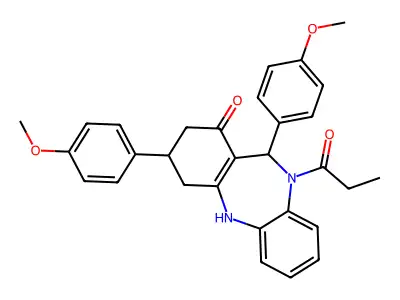 6,9-bis(4-methoxyphenyl)-5-propanoyl-8,9,10,11-tetrahydro-6H-benzo[b][1,4]benzodiazepin-7-one structure