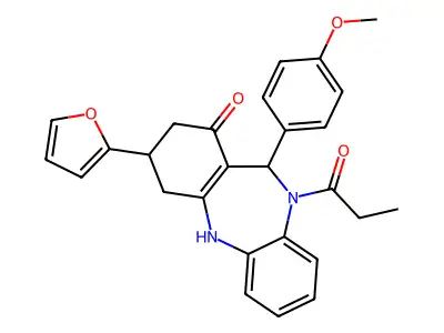 9-(furan-2-yl)-6-(4-methoxyphenyl)-5-propanoyl-8,9,10,11-tetrahydro-6H-benzo[b][1,4]benzodiazepin-7-one structure