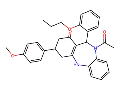 10-acetyl-3-(4-methoxyphenyl)-11-(2-propoxyphenyl)-2,3,4,5,10,11-hexahydro-1H-dibenzo[b,e][1,4]diazepin-1-one structure