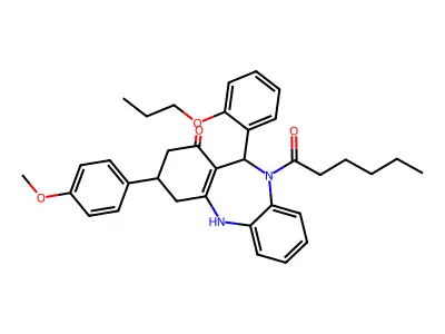 10-hexanoyl-3-(4-methoxyphenyl)-11-(2-propoxyphenyl)-2,3,4,5,10,11-hexahydro-1H-dibenzo[b,e][1,4]diazepin-1-one structure