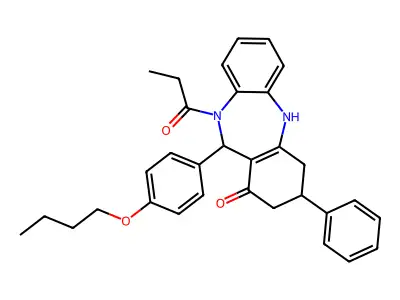6-(4-butoxyphenyl)-9-phenyl-5-propanoyl-8,9,10,11-tetrahydro-6H-benzo[b][1,4]benzodiazepin-7-one structure