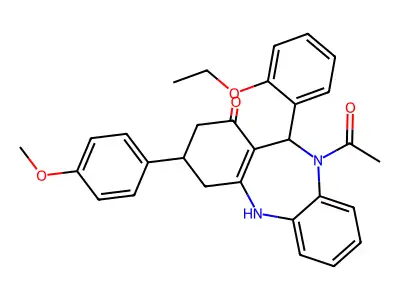 5-acetyl-6-(2-ethoxyphenyl)-9-(4-methoxyphenyl)-8,9,10,11-tetrahydro-6H-benzo[b][1,4]benzodiazepin-7-one structure