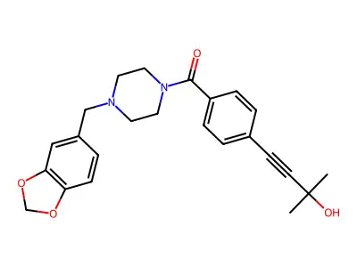 [4-(1,3-benzodioxol-5-ylmethyl)piperazin-1-yl]-[4-(3-hydroxy-3-methylbut-1-ynyl)phenyl]methanone structure