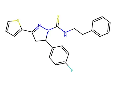 3-(4-fluorophenyl)-N-(2-phenylethyl)-5-thiophen-2-yl-3,4-dihydropyrazole-2-carbothioamide structure