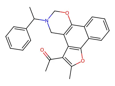 1-(6-methyl-3-(1-phenylethyl)-3,4-dihydro-2H-furo[3',2':3,4]naphtho[2,1-e][1,3]oxazin-5-yl)ethanone structure