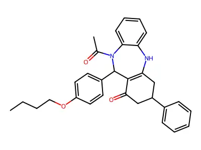 10-acetyl-11-(4-butoxyphenyl)-3-phenyl-2,3,4,5,10,11-hexahydro-1H-dibenzo[b,e][1,4]diazepin-1-one structure