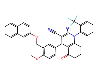 2-amino-4-[4-methoxy-3-(naphthalen-2-yloxymethyl)phenyl]-5-oxo-1-[2-(trifluoromethyl)phenyl]-4,6,7,8-tetrahydroquinoline-3-carbonitrile structure