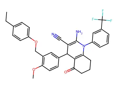 2-amino-4-[3-[(4-ethylphenoxy)methyl]-4-methoxyphenyl]-5-oxo-1-[3-(trifluoromethyl)phenyl]-4,6,7,8-tetrahydroquinoline-3-carbonitrile structure
