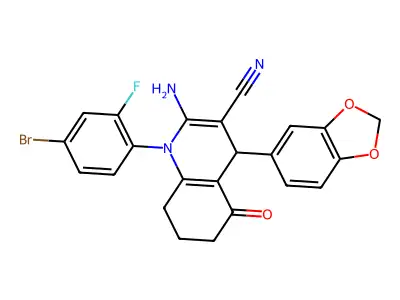 2-amino-4-(1,3-benzodioxol-5-yl)-1-(4-bromo-2-fluorophenyl)-5-oxo-1,4,5,6,7,8-hexahydro-3-quinolinecarbonitrile structure