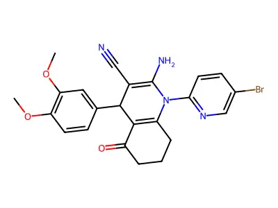 2-amino-1-(5-bromopyridin-2-yl)-4-(3,4-dimethoxyphenyl)-5-oxo-4,6,7,8-tetrahydroquinoline-3-carbonitrile structure