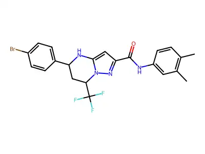 5-(4-bromophenyl)-N-(3,4-dimethylphenyl)-7-(trifluoromethyl)-4,5,6,7-tetrahydropyrazolo[1,5-a]pyrimidine-2-carboxamide structure