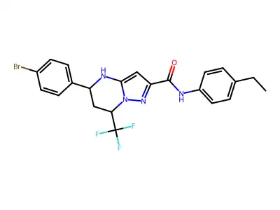 5-(4-bromophenyl)-N-(4-ethylphenyl)-7-(trifluoromethyl)-4,5,6,7-tetrahydropyrazolo[1,5-a]pyrimidine-2-carboxamide structure