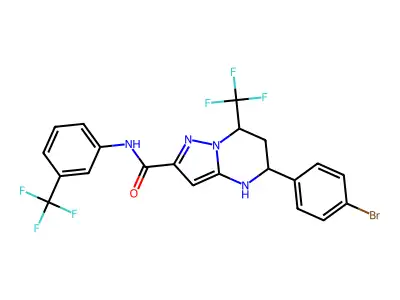 5-(4-bromophenyl)-7-(trifluoromethyl)-N-[3-(trifluoromethyl)phenyl]-4,5,6,7-tetrahydropyrazolo[1,5-a]pyrimidine-2-carboxamide structure