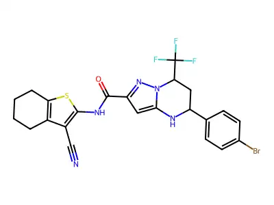 5-(4-bromophenyl)-N-(3-cyano-4,5,6,7-tetrahydro-1-benzothien-2-yl)-7-(trifluoromethyl)-4,5,6,7-tetrahydropyrazolo[1,5-a]pyrimidine-2-carboxamide structure