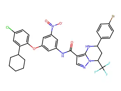 5-(4-bromophenyl)-N-{3-(4-chloro-2-cyclohexylphenoxy)-5-nitrophenyl}-7-(trifluoromethyl)-4,5,6,7-tetrahydropyrazolo[1,5-a]pyrimidine-3-carboxamide structure