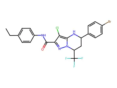 5-(4-bromophenyl)-3-chloro-N-(4-ethylphenyl)-7-(trifluoromethyl)-4,5,6,7-tetrahydropyrazolo[1,5-a]pyrimidine-2-carboxamide structure