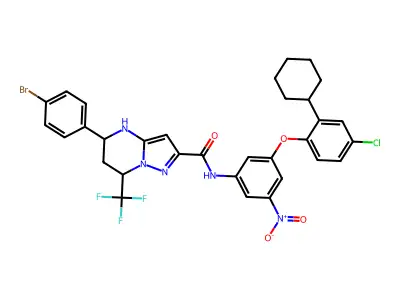 5-(4-bromophenyl)-N-{3-(4-chloro-2-cyclohexylphenoxy)-5-nitrophenyl}-7-(trifluoromethyl)-4,5,6,7-tetrahydropyrazolo[1,5-a]pyrimidine-2-carboxamide structure
