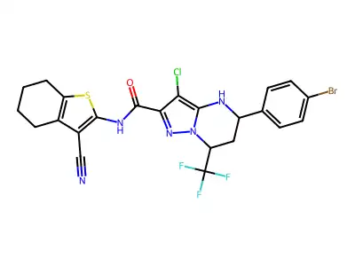 5-(4-bromophenyl)-3-chloro-N-(3-cyano-4,5,6,7-tetrahydro-1-benzothien-2-yl)-7-(trifluoromethyl)-4,5,6,7-tetrahydropyrazolo[1,5-a]pyrimidine-2-carboxamide structure