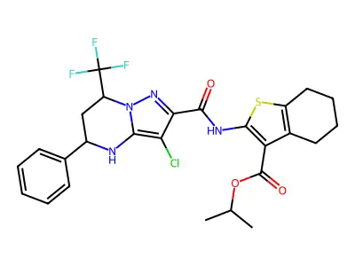 isopropyl 2-({[3-chloro-5-phenyl-7-(trifluoromethyl)-4,5,6,7-tetrahydropyrazolo[1,5-a]pyrimidin-2-yl]carbonyl}amino)-4,5,6,7-tetrahydro-1-benzothiophene-3-carboxylate structure