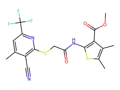 methyl 2-(2-((3-cyano-4-methyl-6-(trifluoromethyl)pyridin-2-yl)thio)acetamido)-4,5-dimethylthiophene-3-carboxylate structure