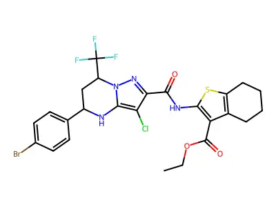 ethyl 2-({[5-(4-bromophenyl)-3-chloro-7-(trifluoromethyl)-4,5,6,7-tetrahydropyrazolo[1,5-a]pyrimidin-2-yl]carbonyl}amino)-4,5,6,7-tetrahydro-1-benzothiophene-3-carboxylate structure