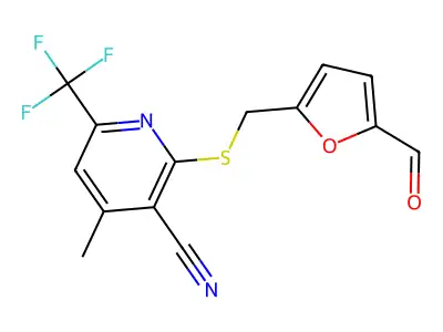 2-[(5-formylfuran-2-yl)methylsulfanyl]-4-methyl-6-(trifluoromethyl)pyridine-3-carbonitrile structure