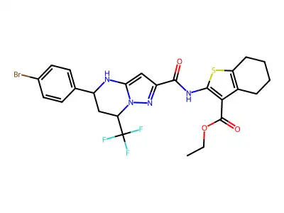 ethyl 2-({[5-(4-bromophenyl)-7-(trifluoromethyl)-4,5,6,7-tetrahydropyrazolo[1,5-a]pyrimidin-2-yl]carbonyl}amino)-4,5,6,7-tetrahydro-1-benzothiophene-3-carboxylate structure