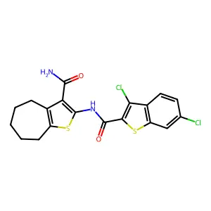 2-[(3,6-dichloro-1-benzothiophene-2-carbonyl)amino]-5,6,7,8-tetrahydro-4H-cyclohepta[b]thiophene-3-carboxamide structure