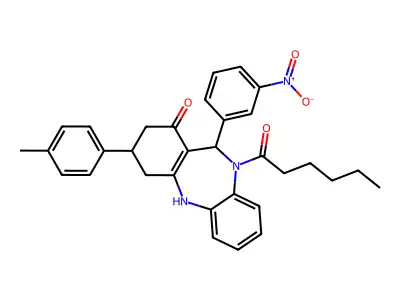 5-hexanoyl-9-(4-methylphenyl)-6-(3-nitrophenyl)-8,9,10,11-tetrahydro-6H-benzo[b][1,4]benzodiazepin-7-one structure