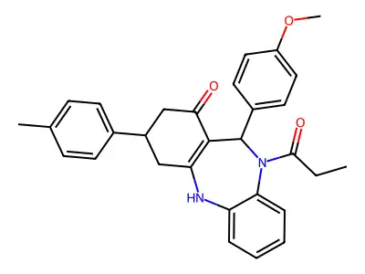 6-(4-methoxyphenyl)-9-(4-methylphenyl)-5-propanoyl-8,9,10,11-tetrahydro-6H-benzo[b][1,4]benzodiazepin-7-one structure