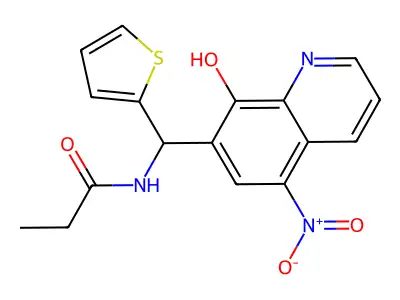 N-[(8-Hydroxy-5-nitro-quinolin-7-yl)-thiophen-2-yl-methyl]-propionamide structure
