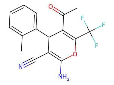 5-acetyl-2-amino-4-(2-methylphenyl)-6-(trifluoromethyl)-4H-pyran-3-carbonitrile structure