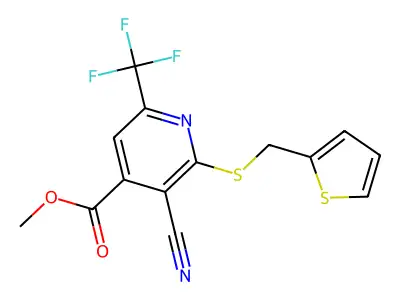 Methyl 3-cyano-2-[(2-thienylmethyl)sulfanyl]-6-(trifluoromethyl)isonicotinate structure