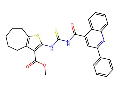 methyl 2-({[(2-phenylquinolin-4-yl)carbonyl]carbamothioyl}amino)-5,6,7,8-tetrahydro-4H-cyclohepta[b]thiophene-3-carboxylate structure