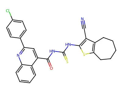 2-(4-chlorophenyl)-N-[(3-cyano-5,6,7,8-tetrahydro-4H-cyclohepta[b]thiophen-2-yl)carbamothioyl]quinoline-4-carboxamide structure