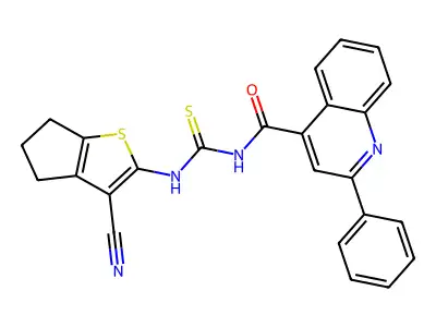 N-[(3-cyano-5,6-dihydro-4H-cyclopenta[b]thiophen-2-yl)carbamothioyl]-2-phenylquinoline-4-carboxamide structure