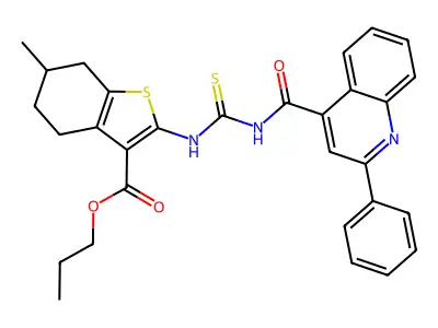 propyl 6-methyl-2-({[(2-phenylquinolin-4-yl)carbonyl]carbamothioyl}amino)-4,5,6,7-tetrahydro-1-benzothiophene-3-carboxylate structure