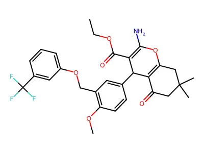 ethyl 2-amino-4-(4-methoxy-3-{[3-(trifluoromethyl)phenoxy]methyl}phenyl)-7,7-dimethyl-5-oxo-5,6,7,8-tetrahydro-4H-chromene-3-carboxylate structure