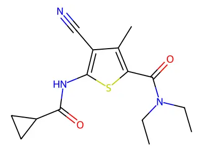4-cyano-5-[(cyclopropylcarbonyl)amino]-N,N-diethyl-3-methylthiophene-2-carboxamide structure