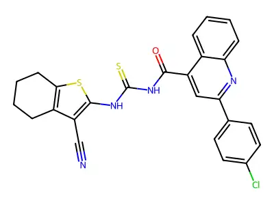 2-(4-chlorophenyl)-N-[(3-cyano-4,5,6,7-tetrahydro-1-benzothiophen-2-yl)carbamothioyl]quinoline-4-carboxamide structure