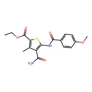 Ethyl 4-carbamoyl-5-[(4-methoxybenzoyl)amino]-3-methylthiophene-2-carboxylate structure