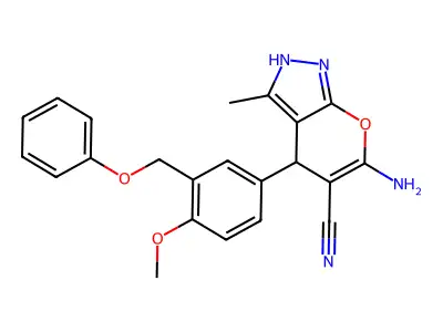 6-amino-4-[4-methoxy-3-(phenoxymethyl)phenyl]-3-methyl-2,4-dihydropyrano[2,3-c]pyrazole-5-carbonitrile structure