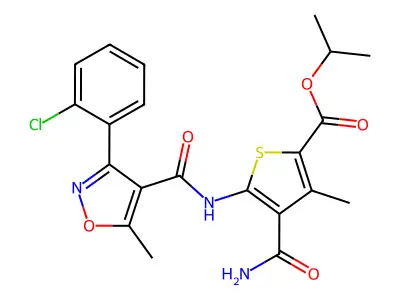 isopropyl 4-(aminocarbonyl)-5-({[3-(2-chlorophenyl)-5-methyl-4-isoxazolyl]carbonyl}amino)-3-methyl-2-thiophenecarboxylate structure