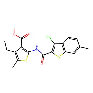 methyl 2-[(3-chloro-6-methyl-1-benzothiophene-2-carbonyl)amino]-4-ethyl-5-methylthiophene-3-carboxylate structure